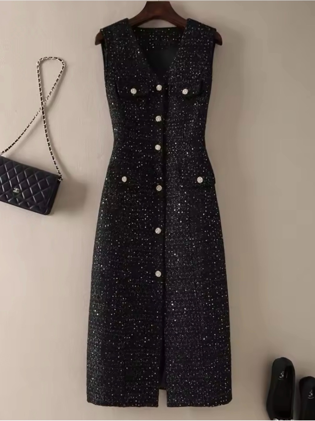 Sleeveless Black Sparkle Tweed Dress With Decorative Buttons